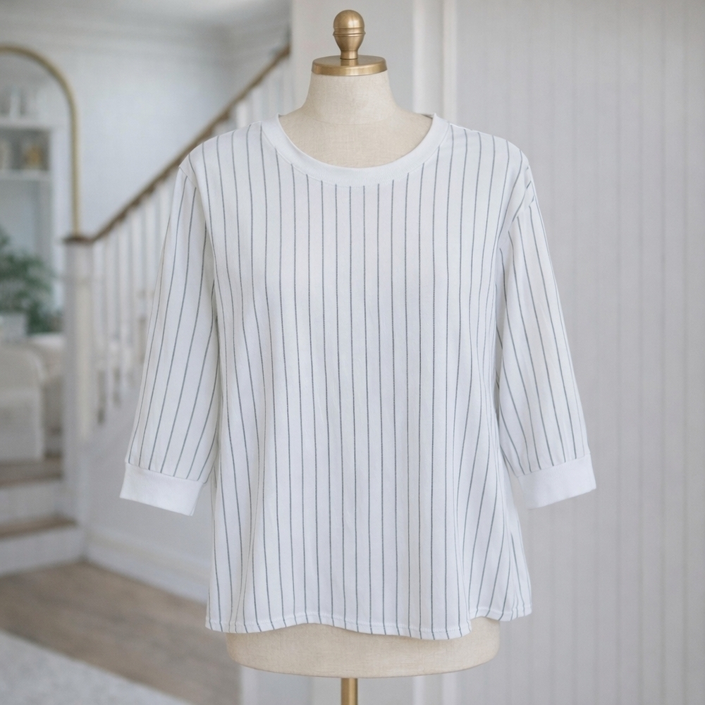 MAISON Cinqcent White Black Striped Quarter Sleeve Blouse Small